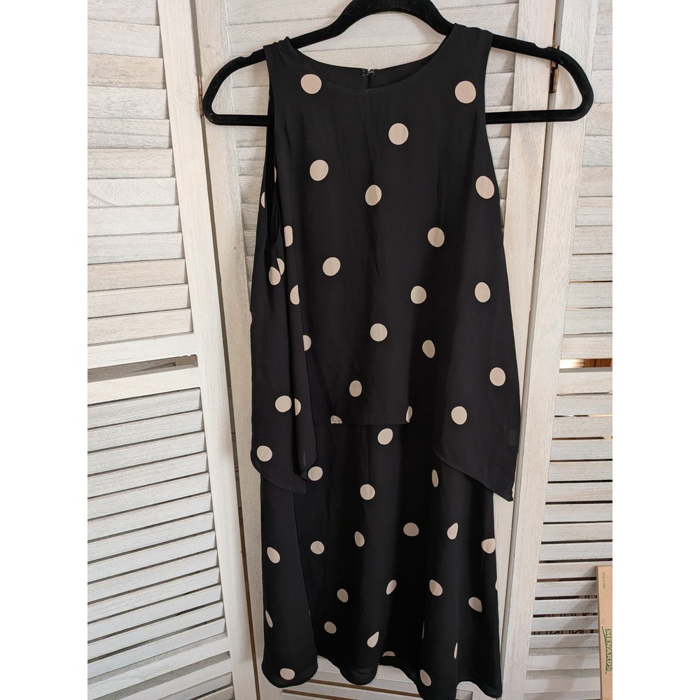 Ann Taylor Polka‎ Dot Popover Dress Black Tan Sleeveless XS Layered Crepe Knee
